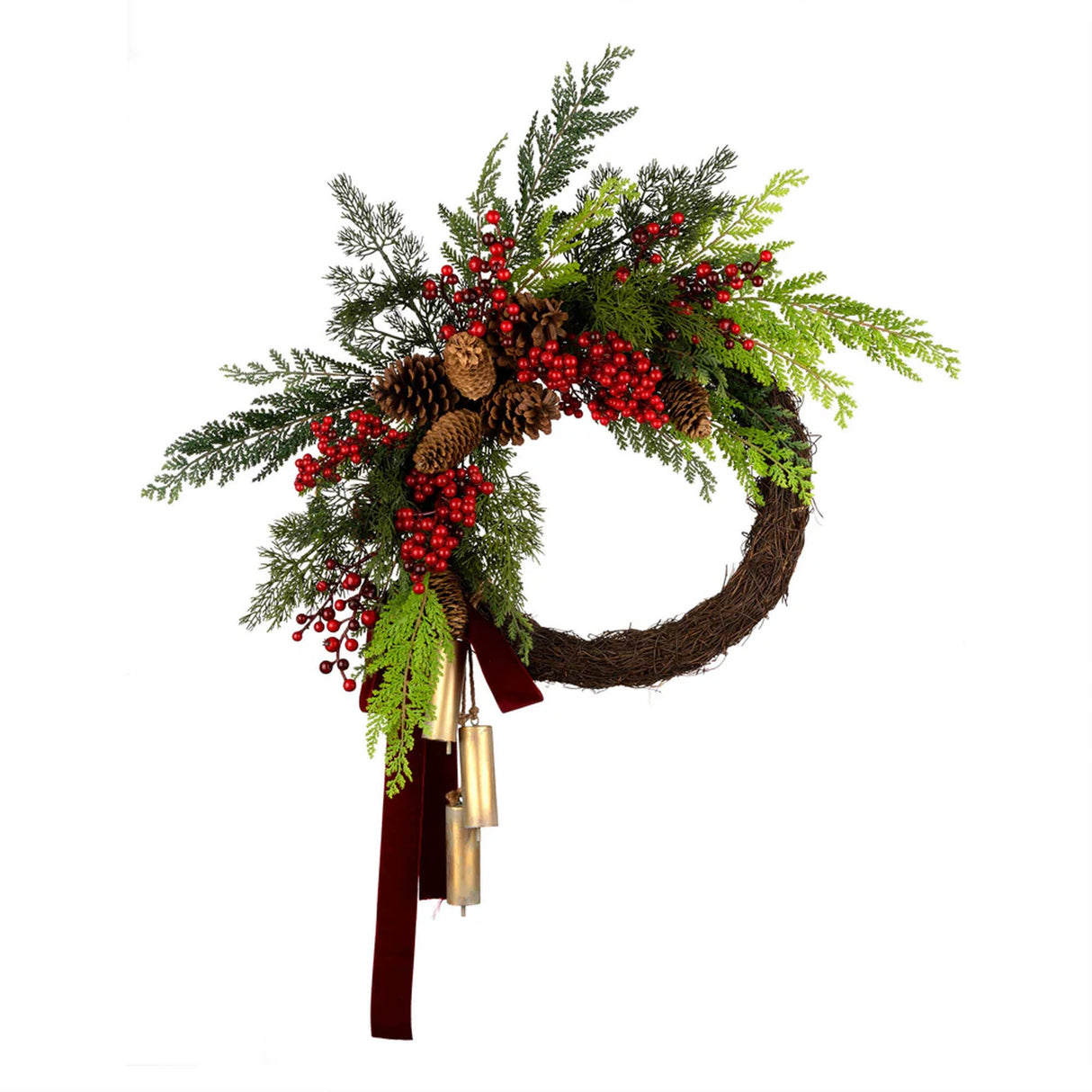 24 in. Christmas Joy Chimes Wreath with Red Berries, Holiday Door and Mantle Indoor Decor