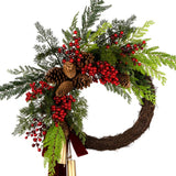 24 in. Christmas Joy Chimes Wreath with Red Berries, Holiday Door and Mantle Indoor Decor