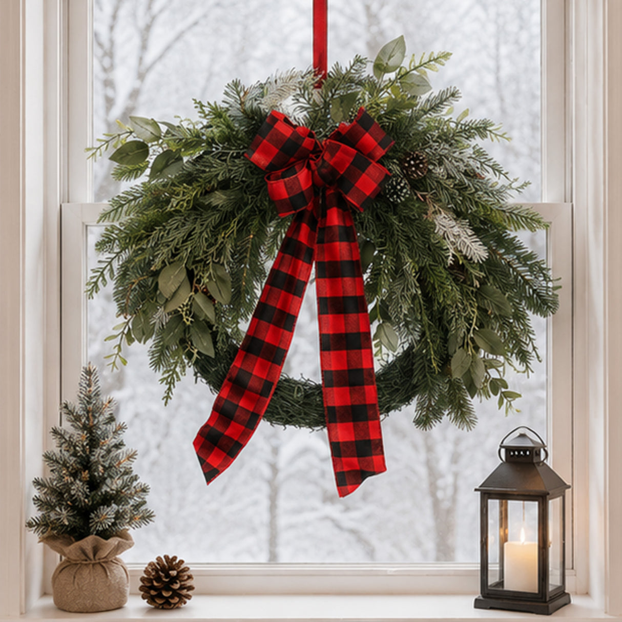 22IN Mixed Pine Wreath with Buffalo Plaid Bow and Pinecones