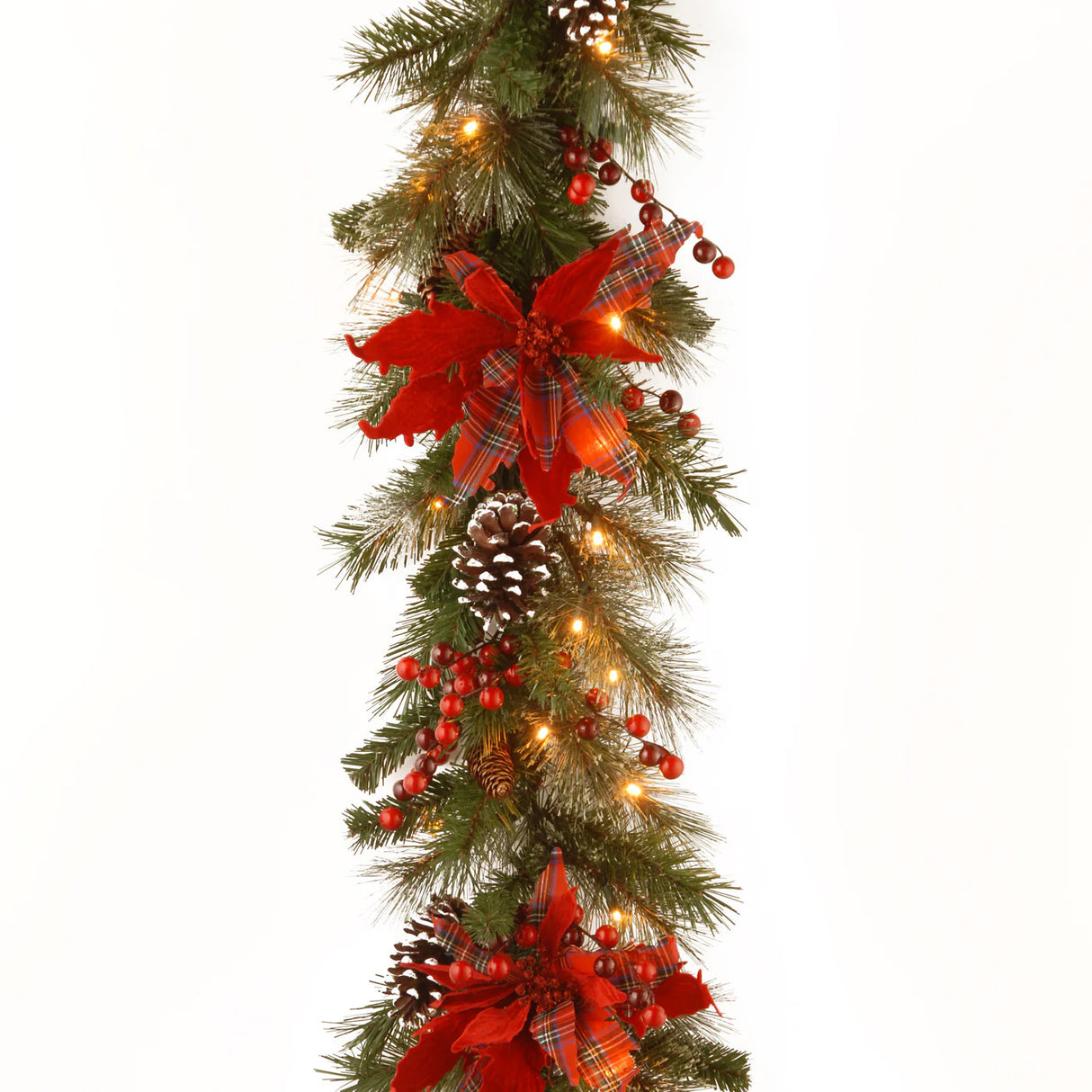 9FT Pre-Lit Tartan Plaid Garland with Warm White LED Lights
