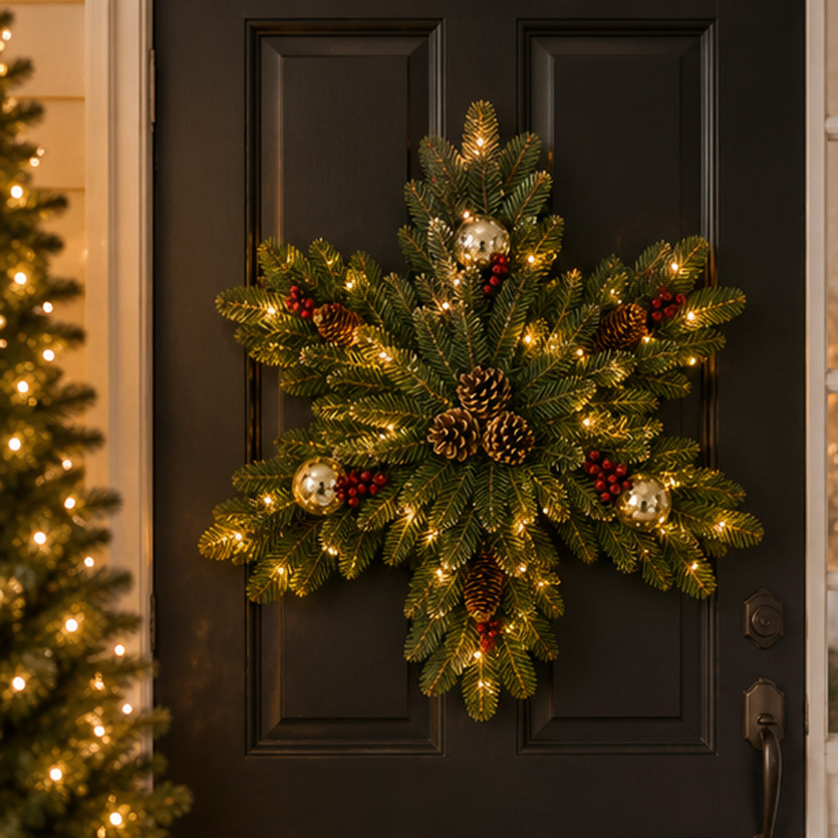 Pre-Lit Glittery Gold Dunhill Fir Snowflake with Warm White LED Lights, 32 Inch
