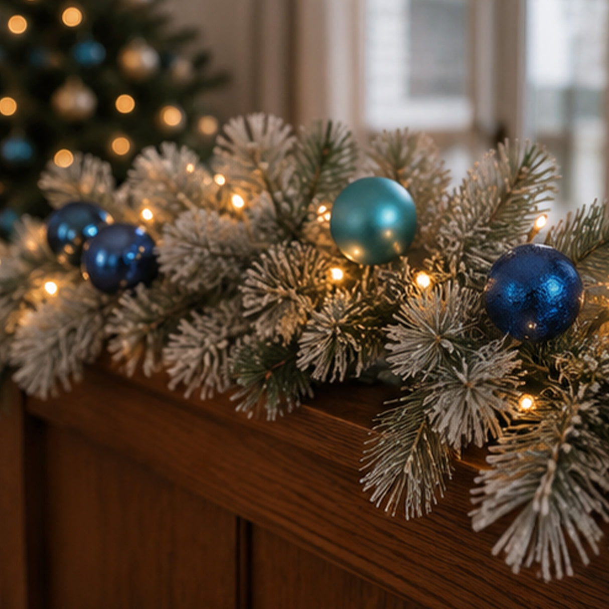 Pre-Lit Snowy Tinkham Pine Christmas Garland with Blue Ornaments & LED Lights, 9 Foot