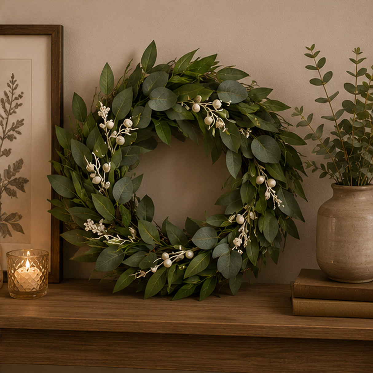Mixed Leaves Wreath with Snow Glitter Berries, 24 Inch Holiday Decor