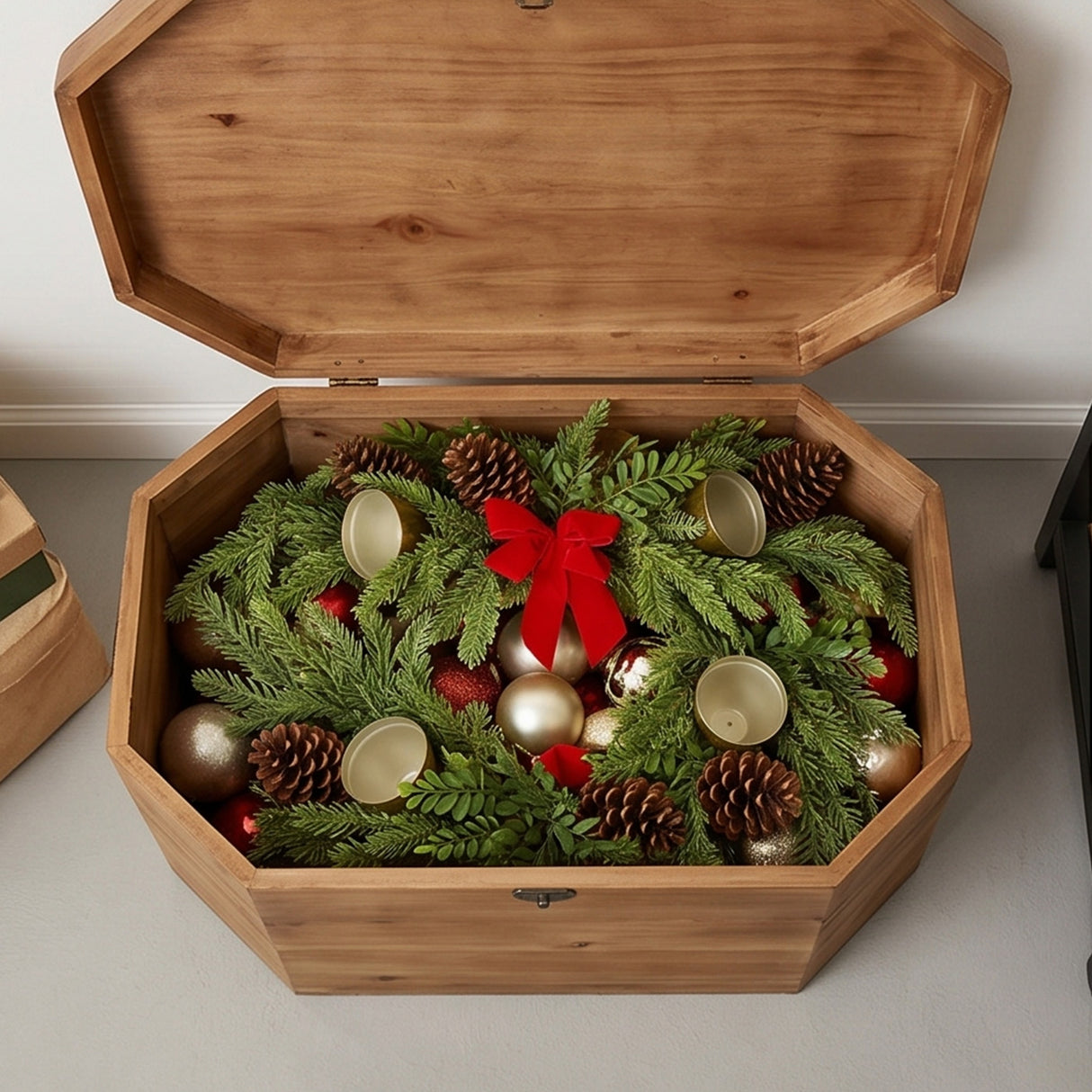 Christmas Bells Pine Centerpiece with Gold Bells & Red Bow, 27 Inch Table Decor
