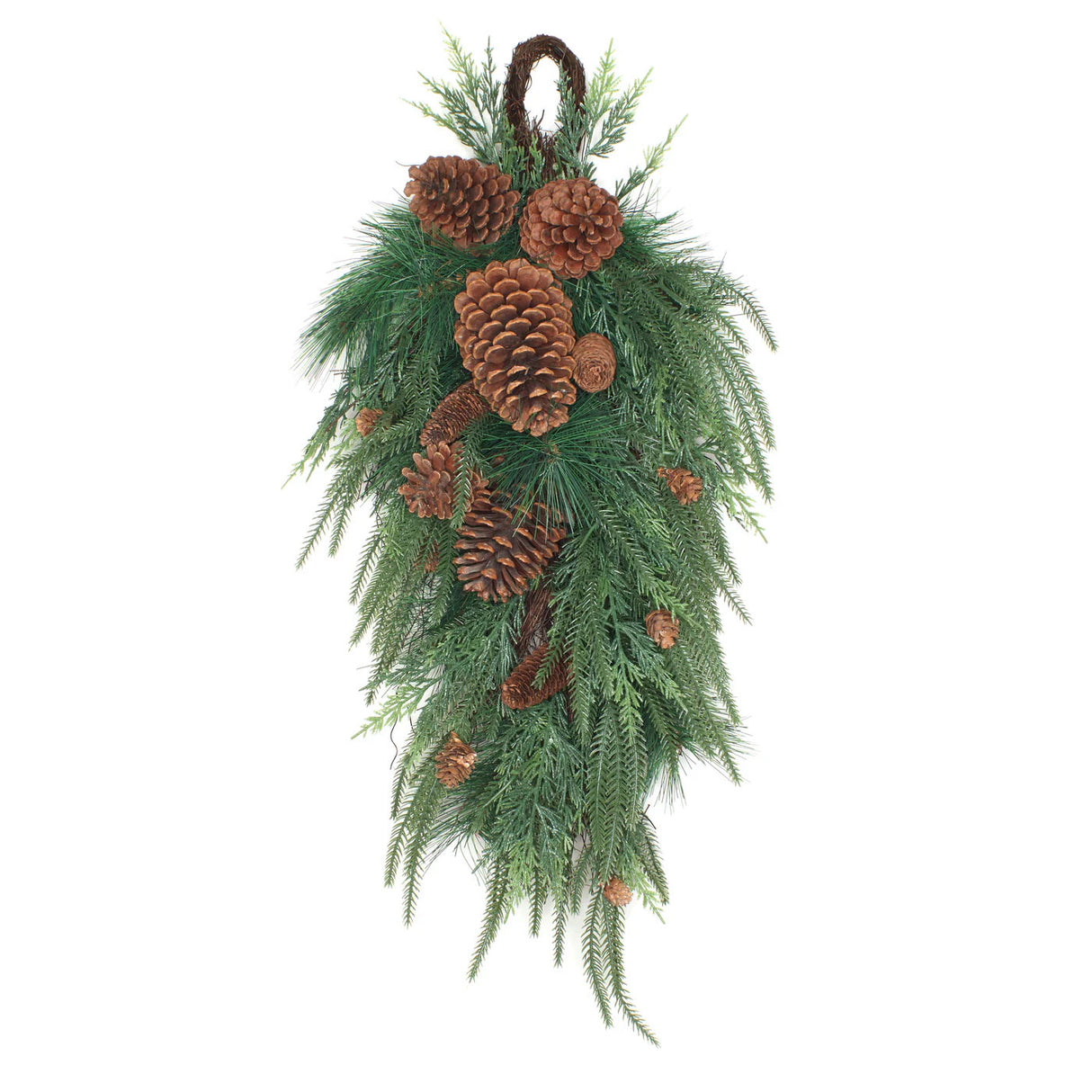 Mixed Pine Christmas Teardrop Swag with Pinecones, 32 Inch Door Decor