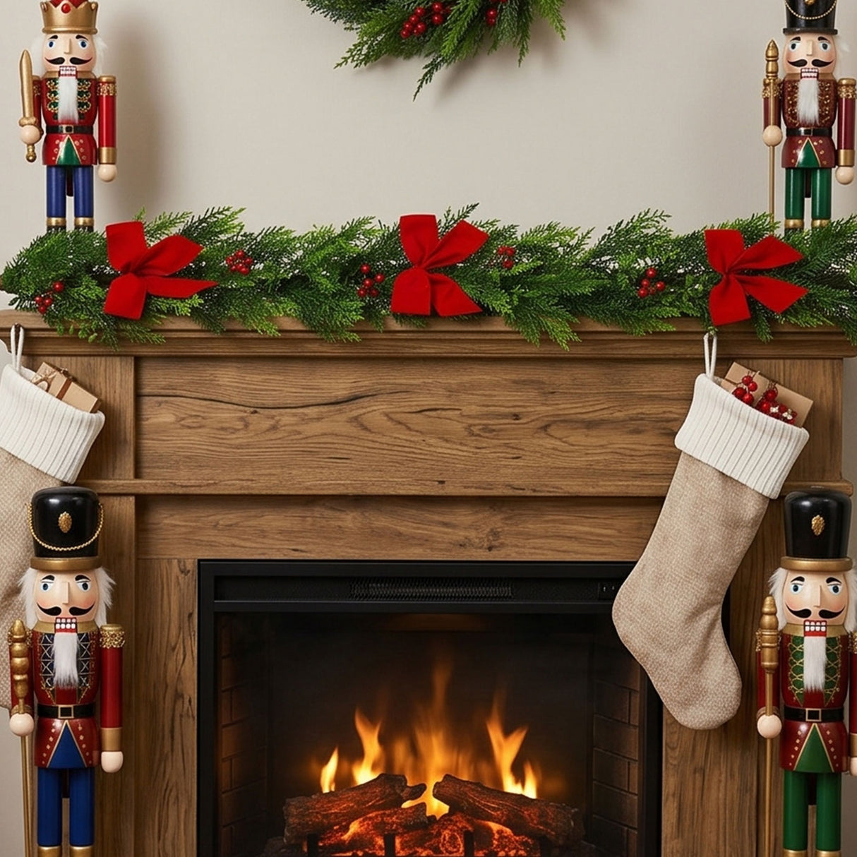 Christmas Classic Garland with Red Berries & Bow, 6 Foot