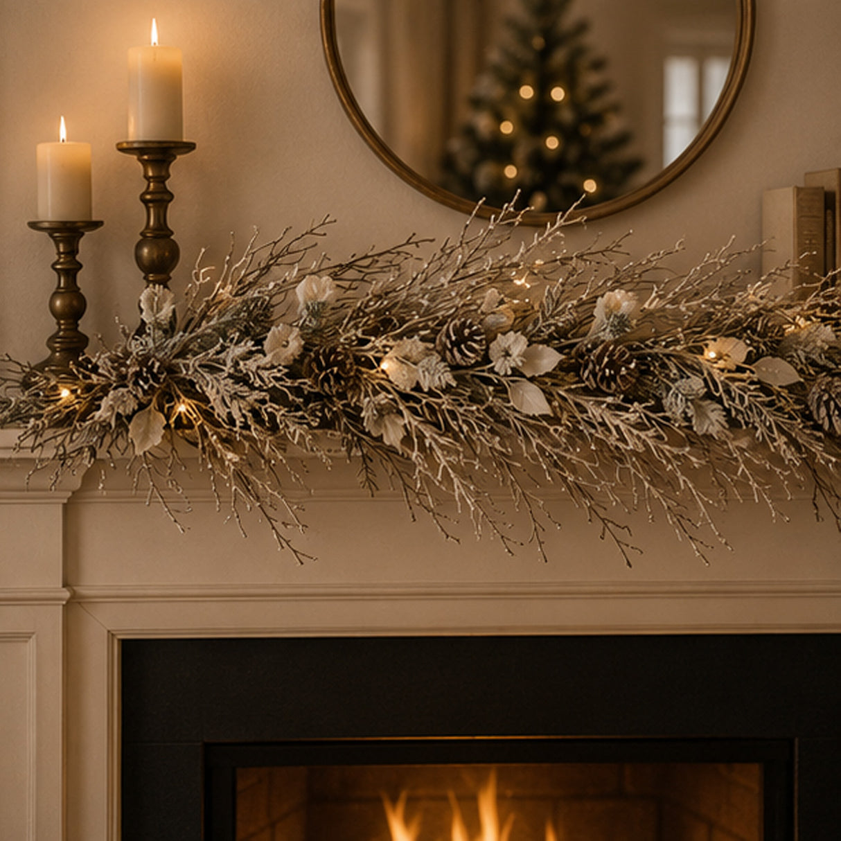 Pre-Lit Alpine Snow Wreath with Pinecones & Warm White LED Lights, 24 Inch