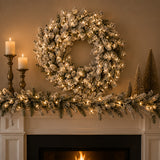 Pre-Lit Snowy Sheffield Spruce Wreath with Smart Twinkly LED Lights, 24 Inch