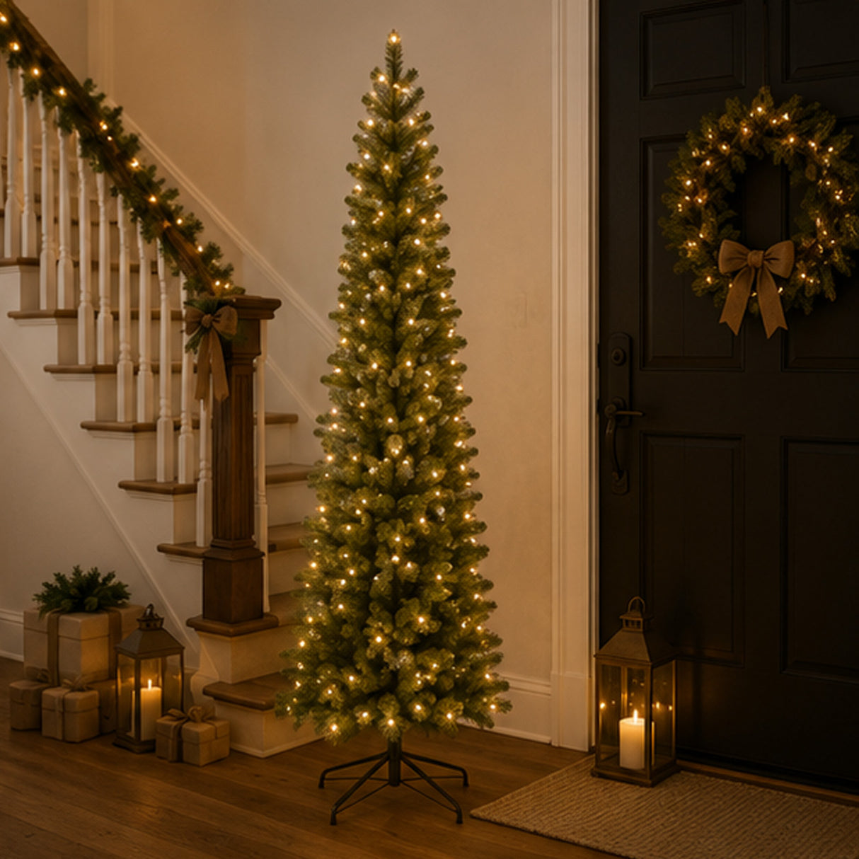 9ft Pre-Lit Downswept Douglas Fir Pencil Slim Christmas Tree with Clear Lights