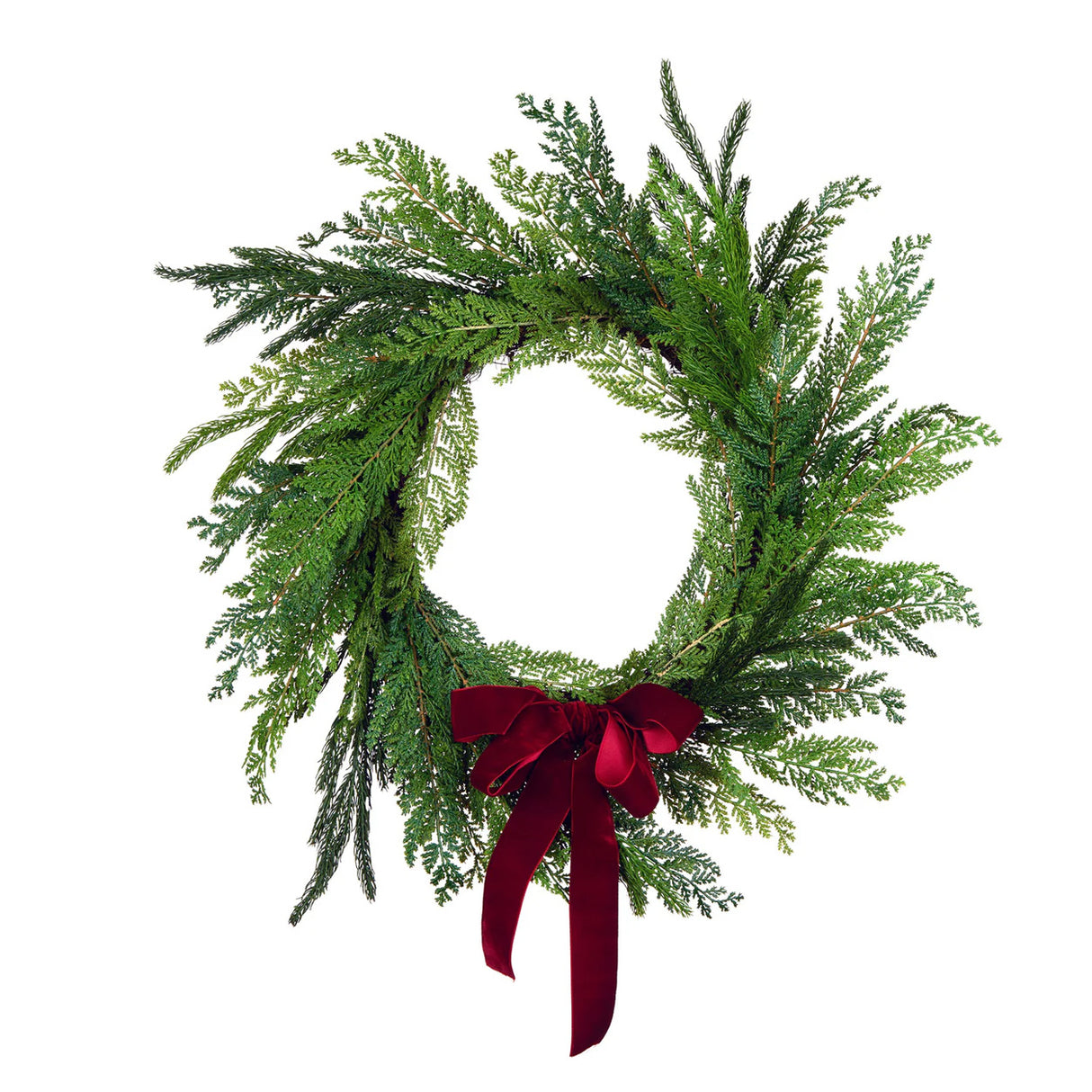 Christmas Cottage Wreath with Red Bow, 24 Inch Holiday Door Decor