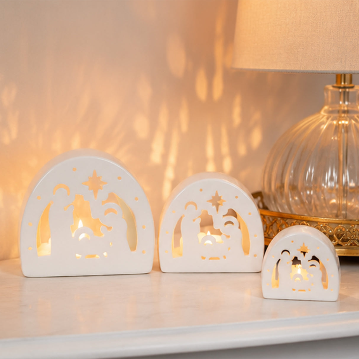 Nativity Scene Dome Votive Candle Holders Ceramic 3 Pc Set