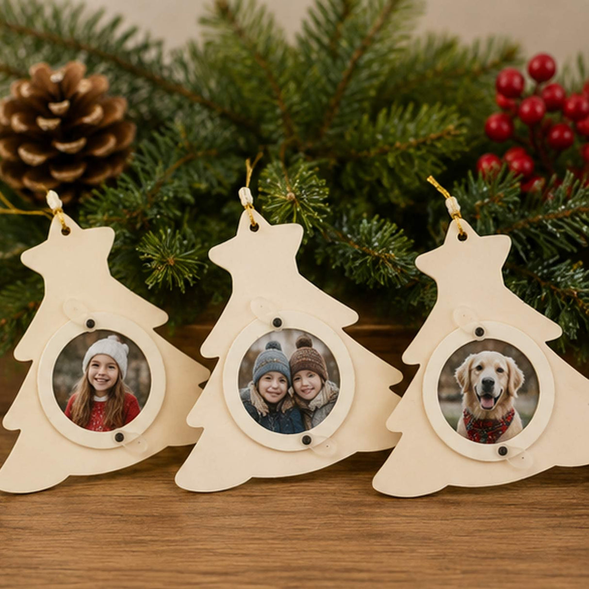 DIY Wooden Christmas Tree Picture Frame Ornaments 12 Pc Set