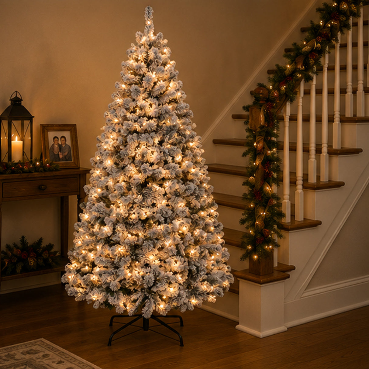 Pre Lit Snow Flocked Pine Christmas Tree with Warm White Lights