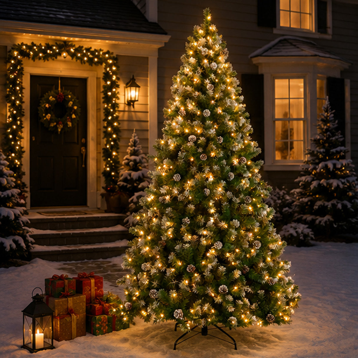 Pre Lit Flocked Christmas Tree with Pinecones Pre Decorated Design