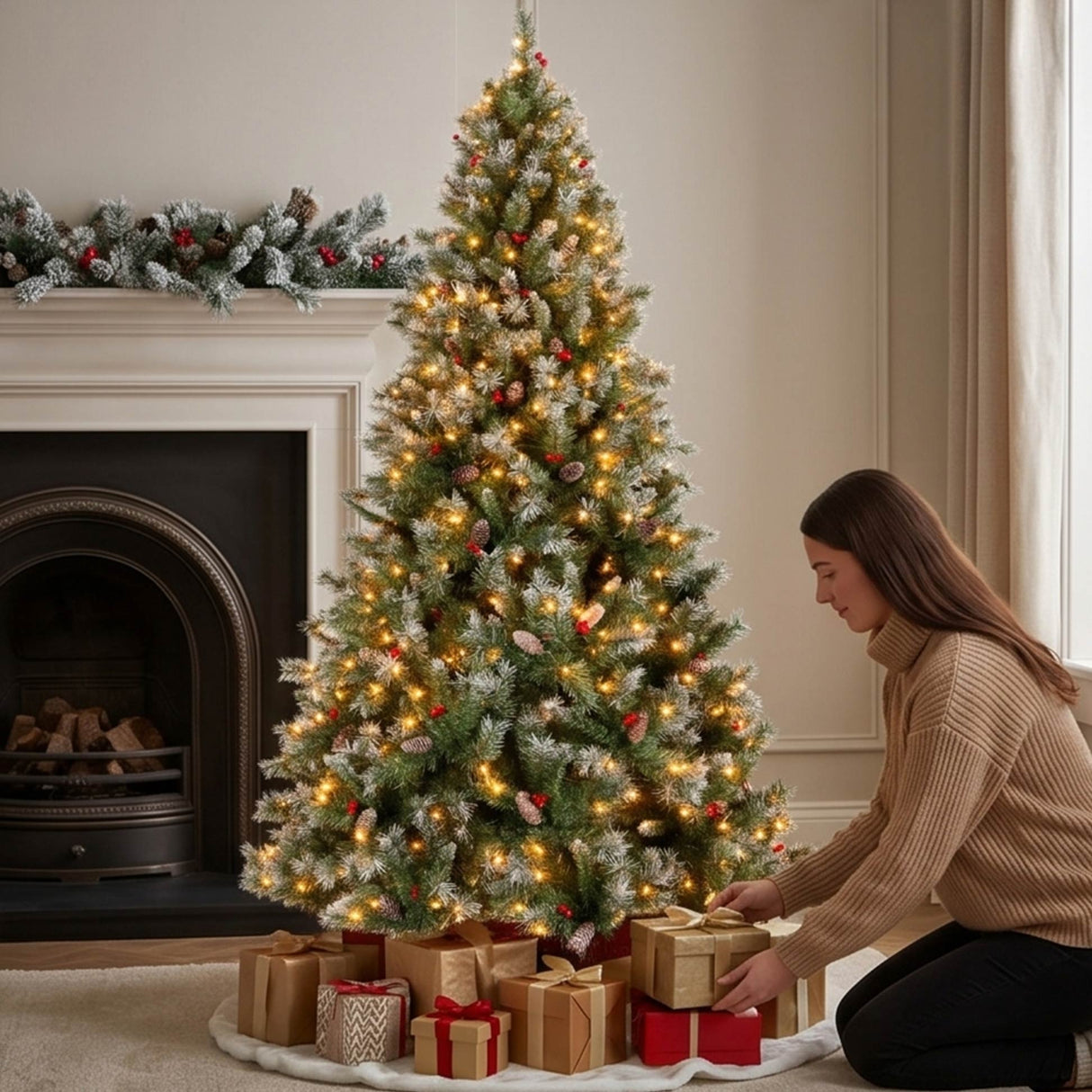 Pre Lit Christmas Pine Tree with Pine Cones Berries Flocked Branches