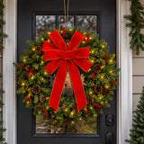 Pre Lit Battery Powered Christmas Wreath with Ribbon PVC Tips Holiday Decor