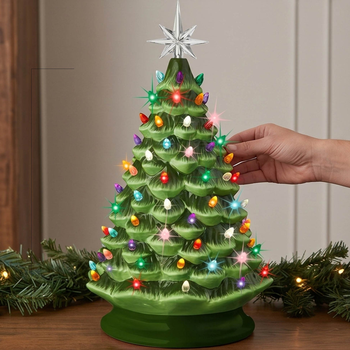 18 Inch Green Ceramic Pre Lit LED Christmas Tree with Multicolor Lights