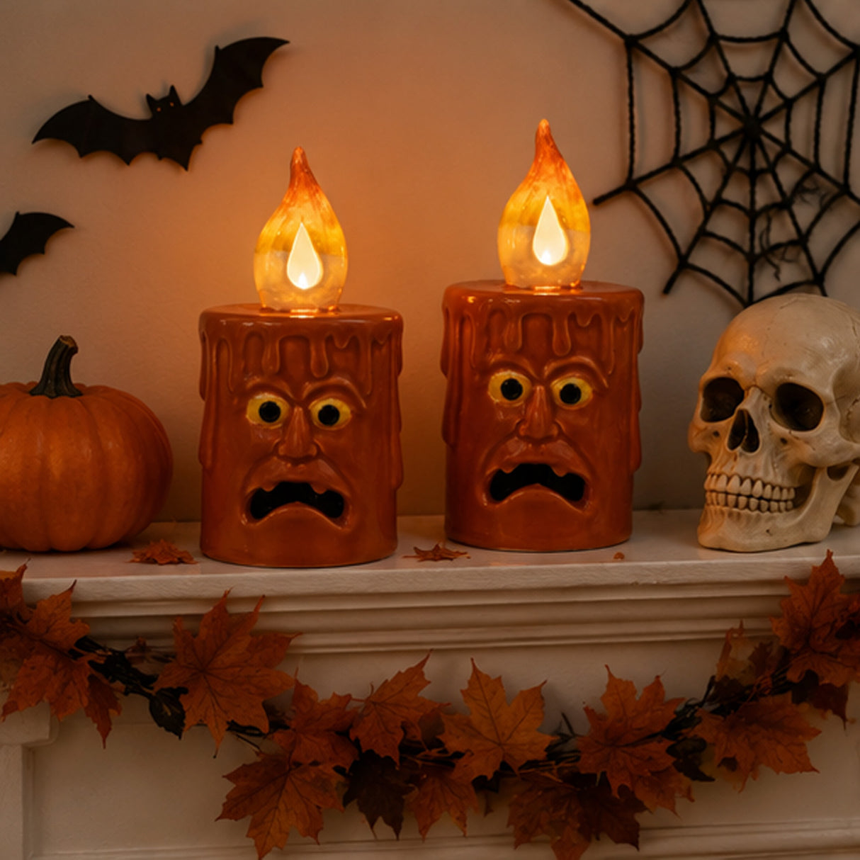 7IN 2-Piece Pre-Lit Halloween Jack Porcelain Candle LED Decor Set