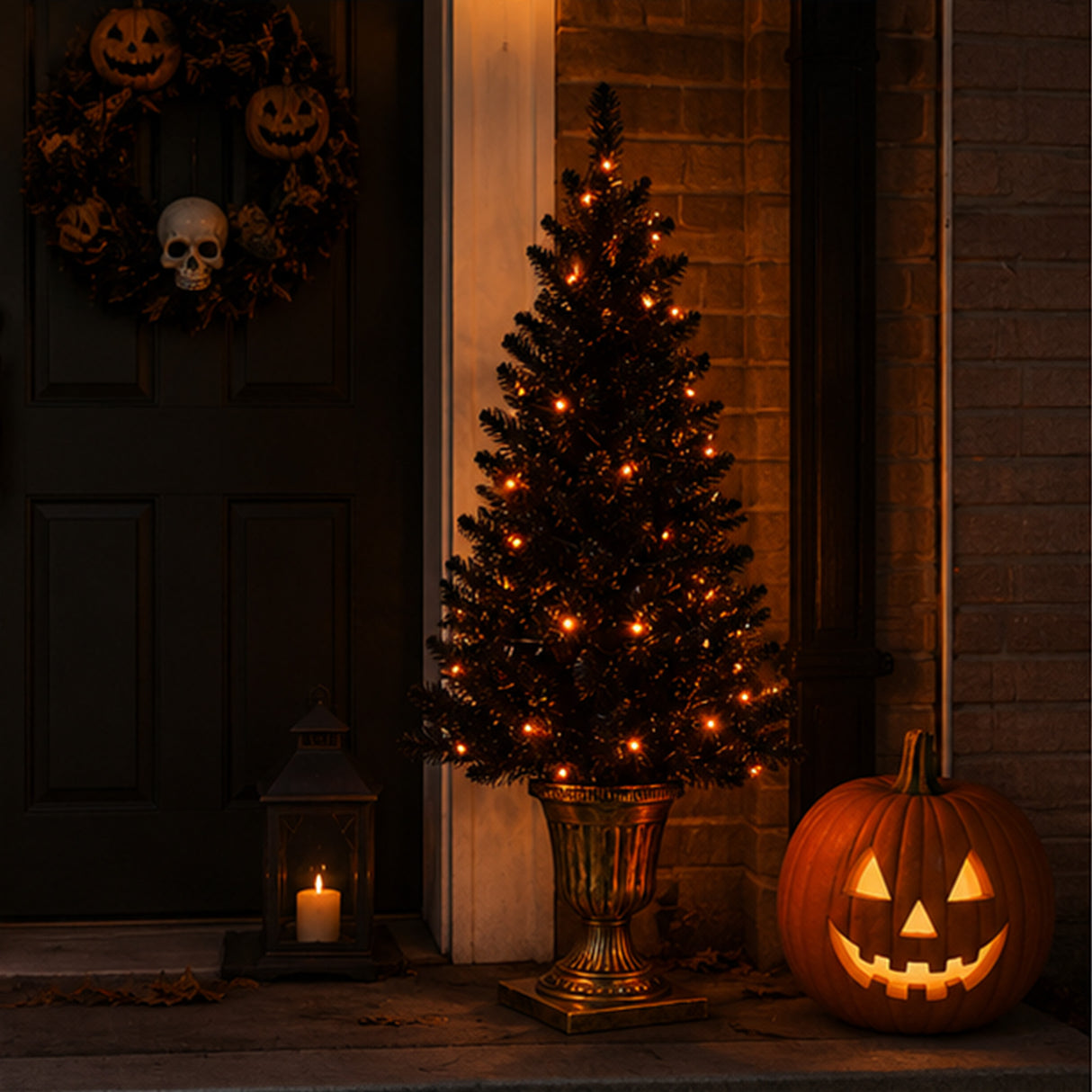 4 ft. Black Entrance Tree with String of Orange Lights Plug-In