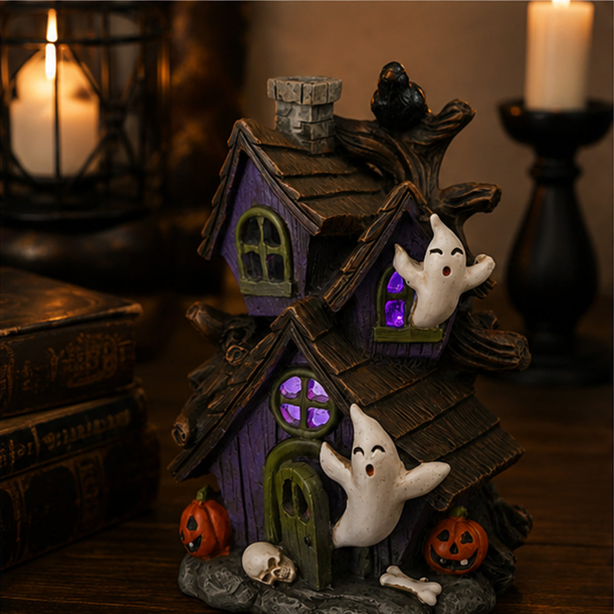 6IN Pre-Lit Purple Haunted House Halloween LED Tabletop Decor