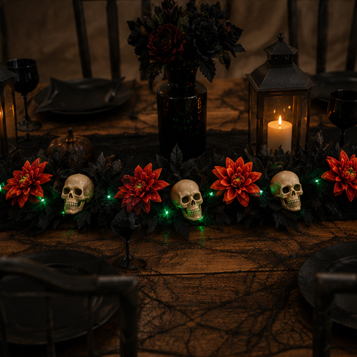 6 ft. Halloween “Boo-tiful” Garland with Orange Dahlia Flowers, White Skulls & LED Lights