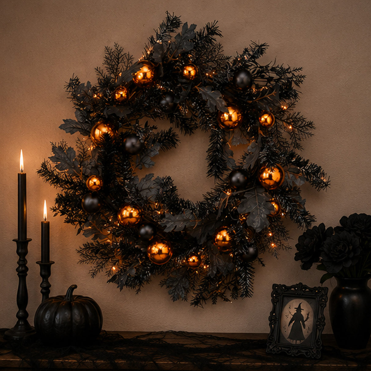 24 in Halloween Spooky Wreath Black Orange Ornaments Decor