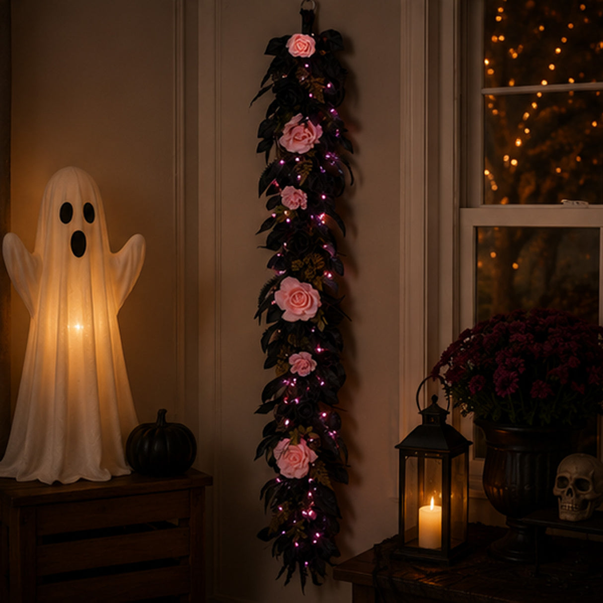 6 ft Halloween Cute Creepy Garland with Pink LED Lights