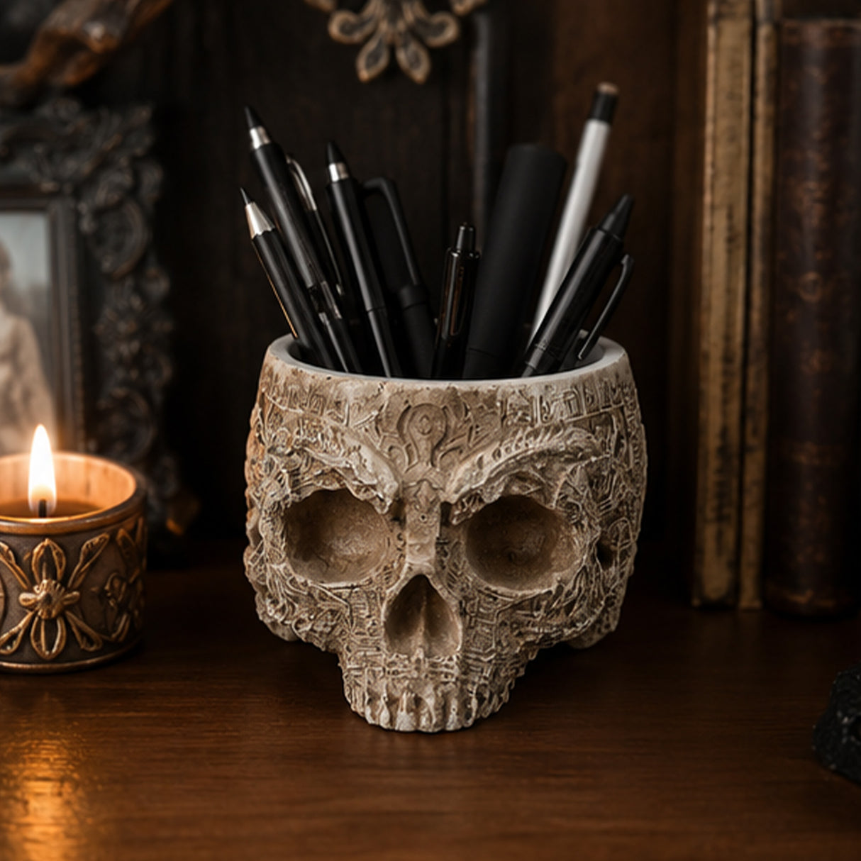 6IN Halloween Handcrafted Half Skull Flower Pot Decor