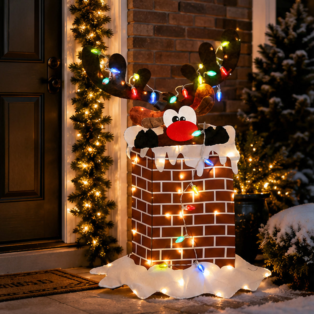 47IN Pre-Lit Reindeer in Chimney Christmas Decoration with Multicolor LED Lights