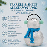 10IN Disco Snowman Figurine with Blue Scarf & Silver Ear Muffs Mirror Ball Holiday Decor