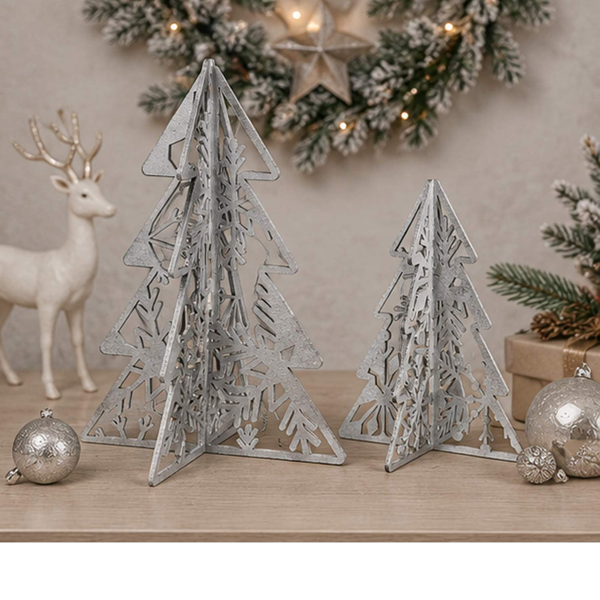 Set of 2 Silver Wooden Christmas Trees Table Decor 10IN & 7IN Modern Holiday Centerpiece