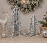 Set of 2 Silver Wooden Christmas Trees Table Decor 10IN & 7IN Modern Holiday Centerpiece