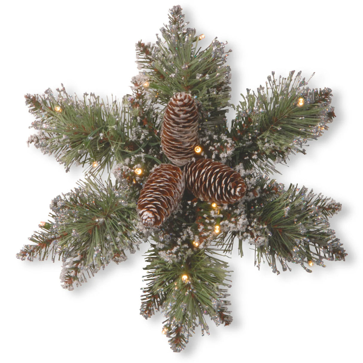 Pre-Lit 14 in. Glittery Bristle Pine Snowflake with Warm White LED Lights