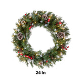 Pre-Lit 24 in. Frosted Berry Christmas Wreath with Clear Lights, Plug-In Holiday Door Decoration