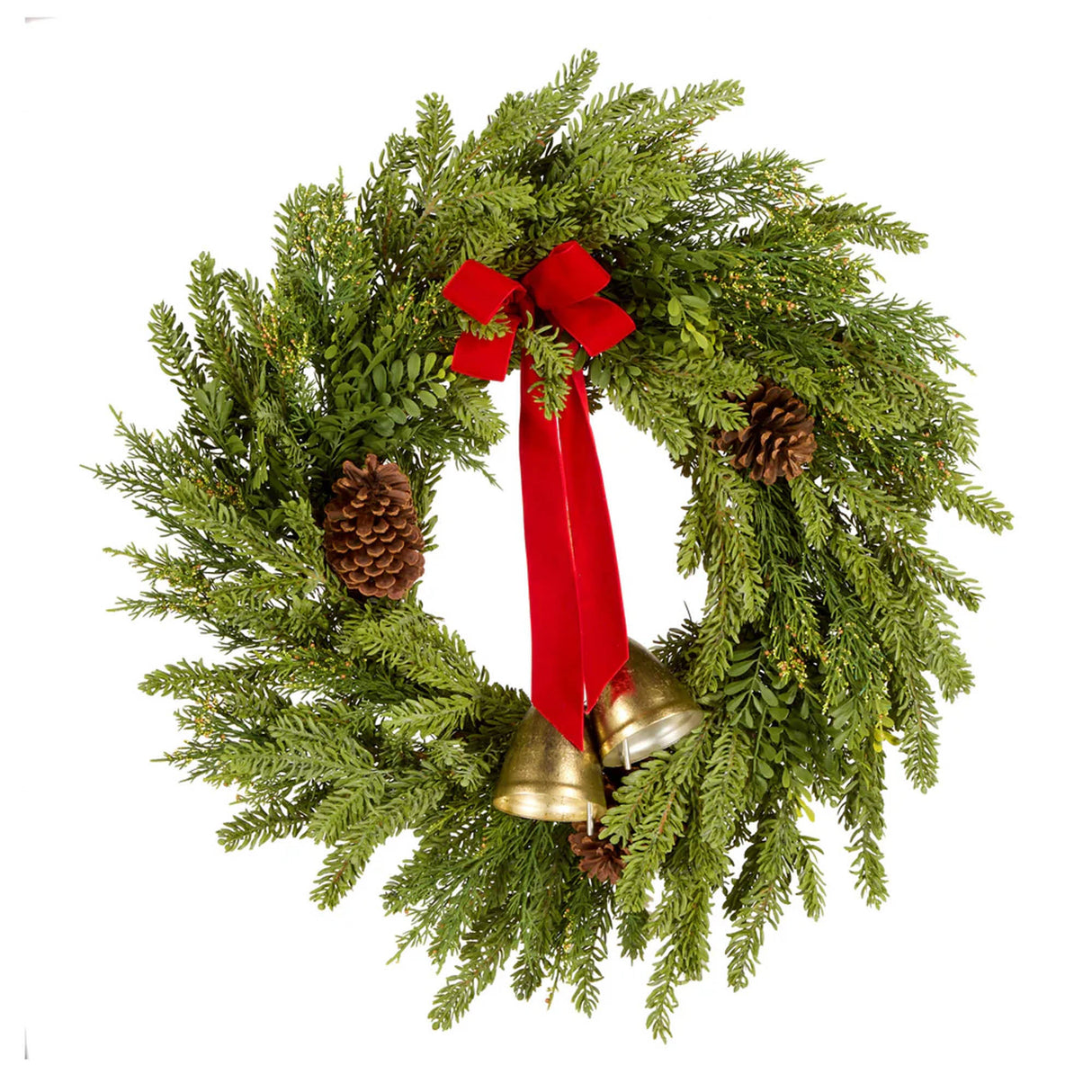 28IN Christmas Bells Pine Wreath with Red Bow and Gold Bells