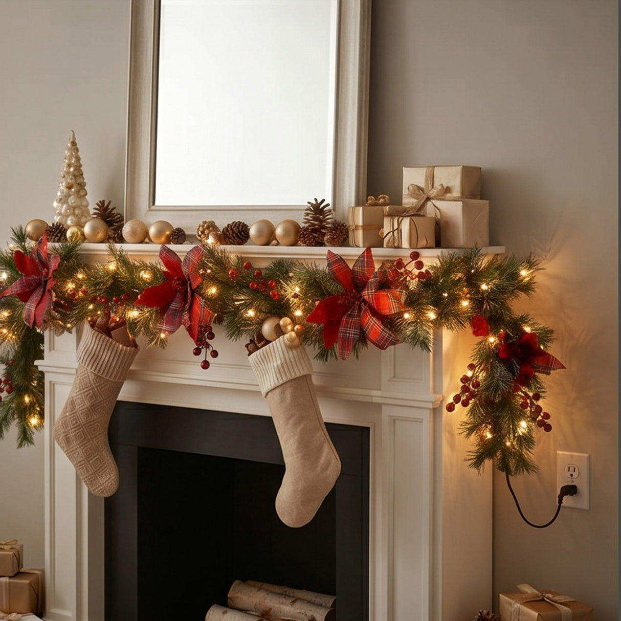 9FT Pre-Lit Tartan Plaid Garland with Warm White LED Lights