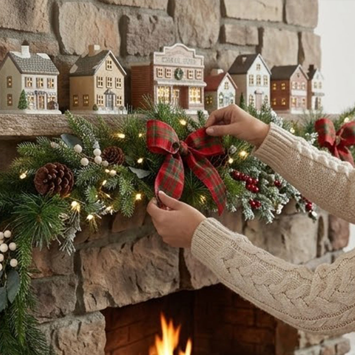Pre-Lit General Store Snowy Garland with Warm White LED Lights, 9 Foot