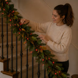 Pre-Lit Magnolia Mix Pine Garland with Red LED Lights, 9 Foot