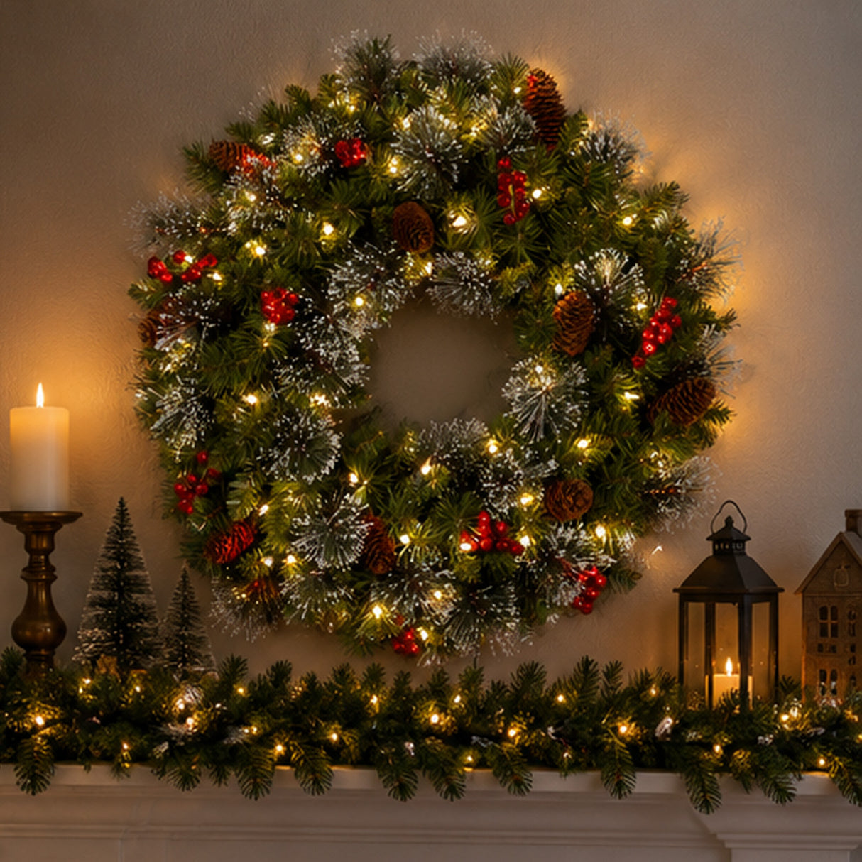 Pre-Lit Crestwood Spruce Wreath with Warm White LED Lights, 24 Inch