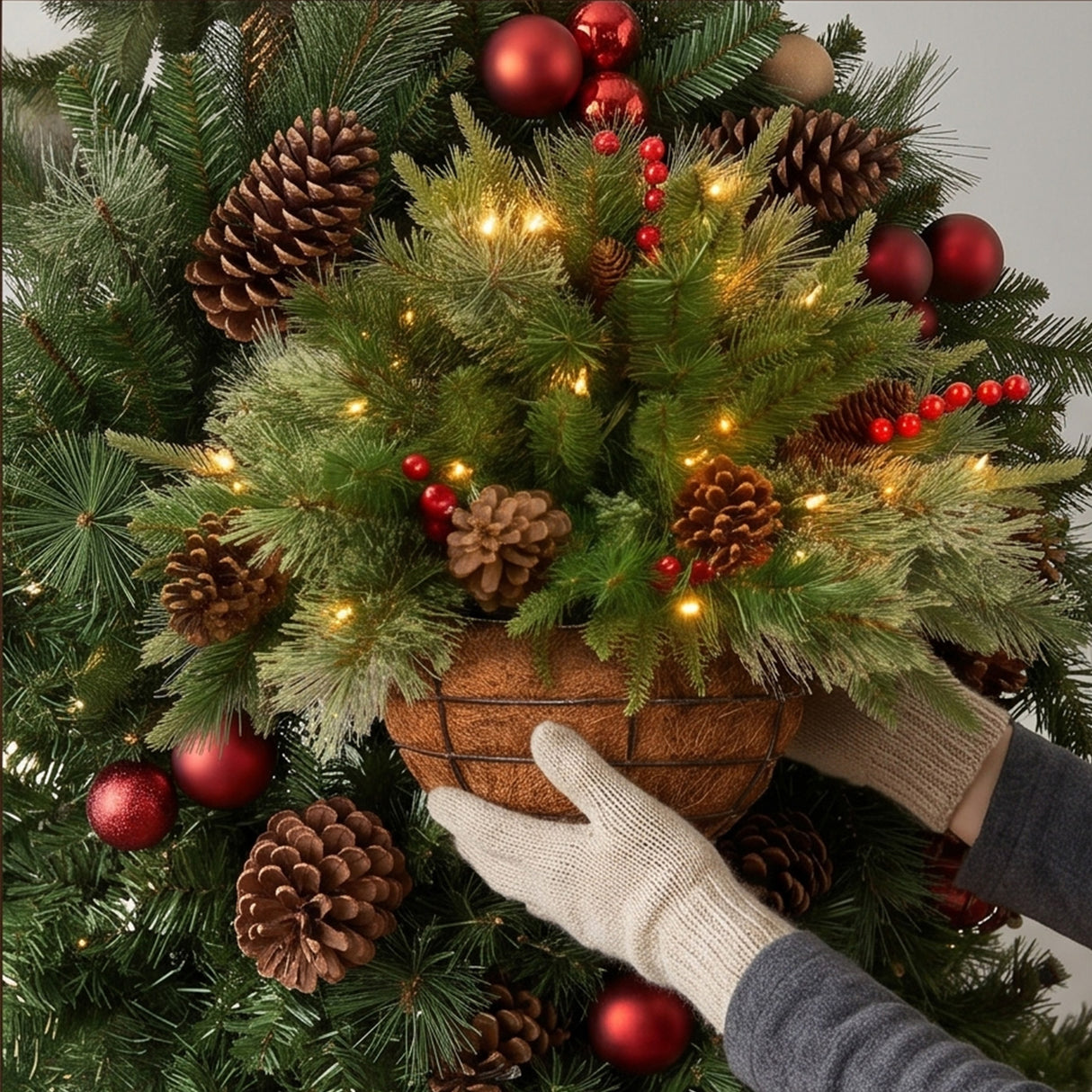 Pre-Lit Colonial Fir Hanging Basket with LED Lights, 20 Inch Christmas Decor