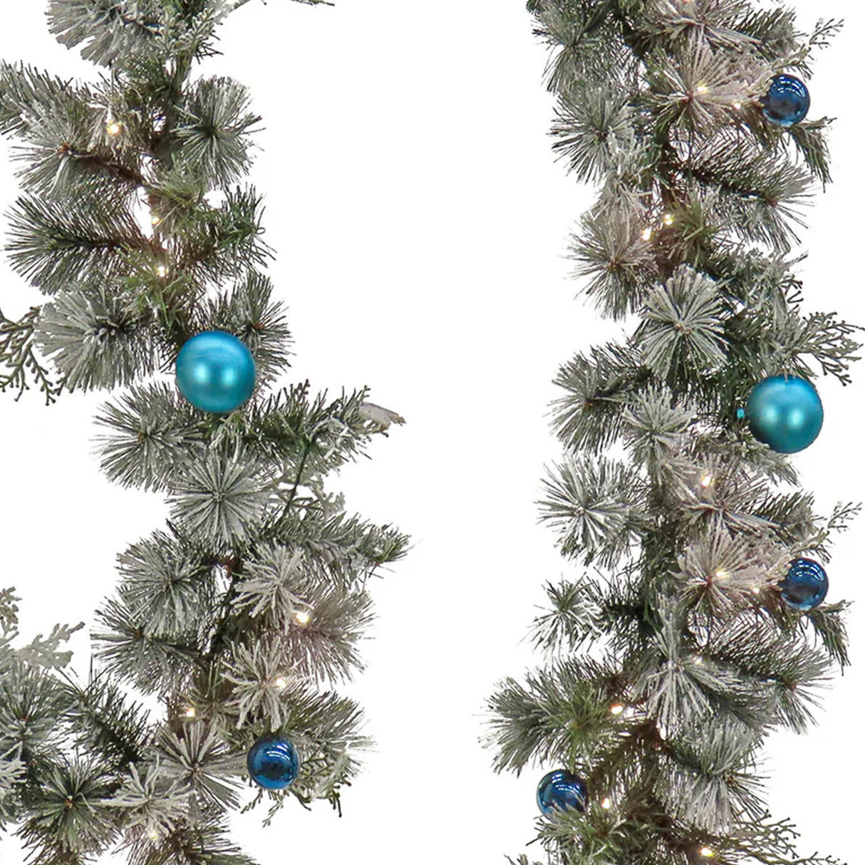 Pre-Lit Snowy Tinkham Pine Christmas Garland with Blue Ornaments & LED Lights, 9 Foot