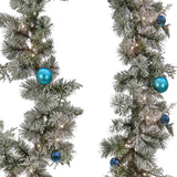 Pre-Lit Snowy Tinkham Pine Christmas Garland with Blue Ornaments & LED Lights, 9 Foot