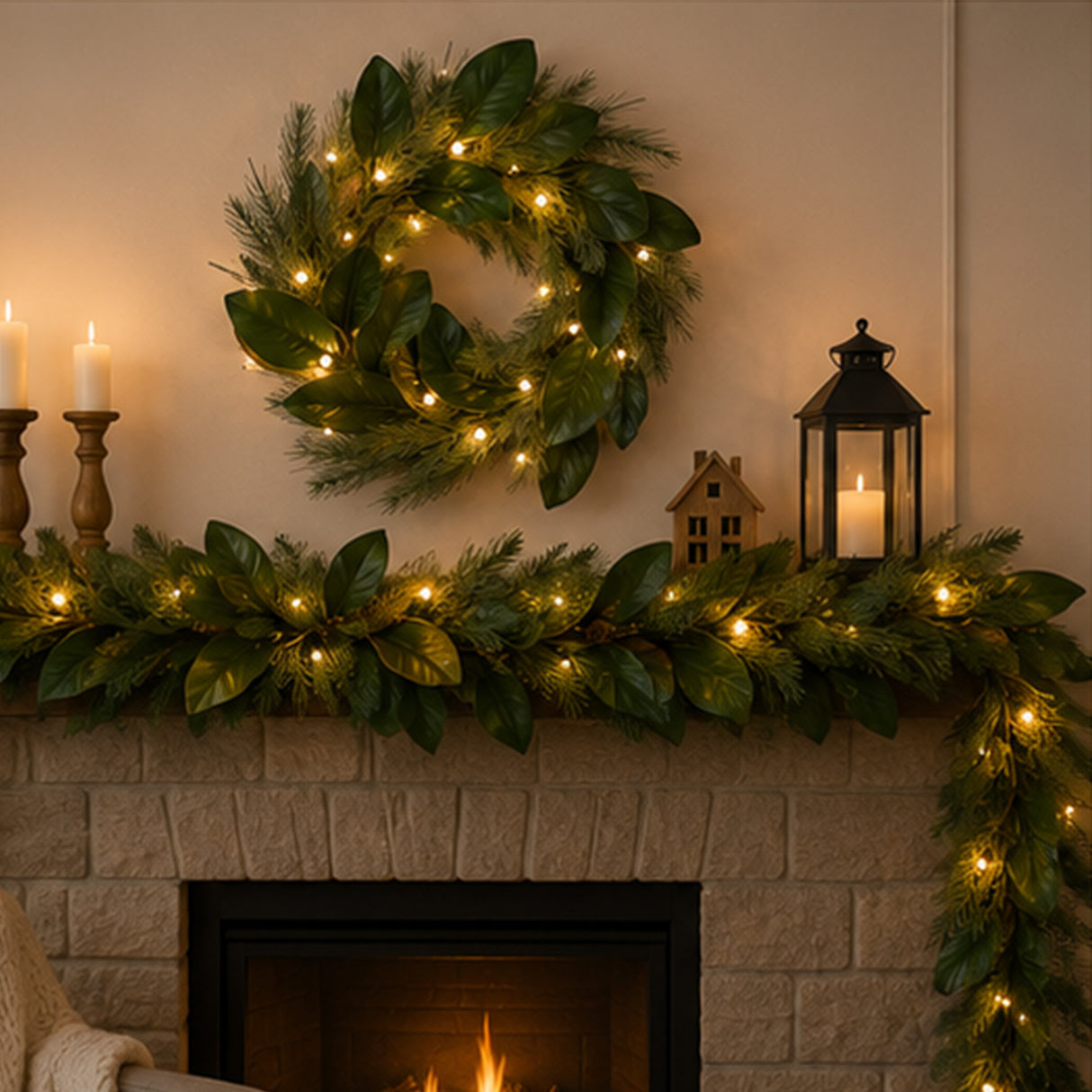 Pre-Lit Magnolia Mix Pine Wreath with Warm White LED Berry Lights, 24 Inch