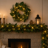 Pre-Lit Magnolia Mix Pine Wreath with Warm White LED Berry Lights, 24 Inch