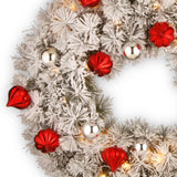 Pre-Lit Snowy Bristle Pine Christmas Wreath with Red & Silver Ornaments, 30 Inch