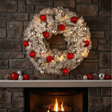 Pre-Lit Snowy Bristle Pine Christmas Wreath with Red & Silver Ornaments, 30 Inch