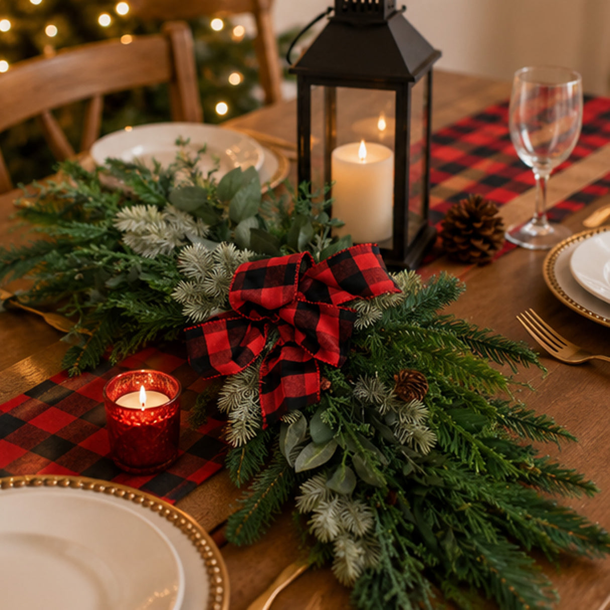 Mixed Pine Corner Swags with Buffalo Plaid Bow, 24 Inch Set of 2