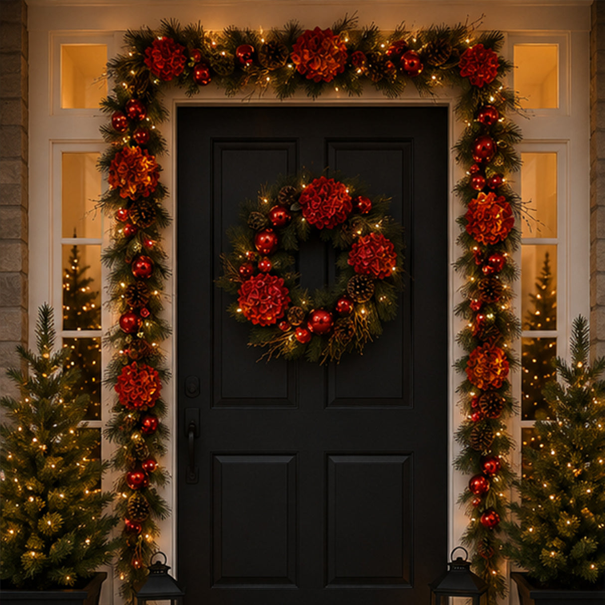 Pre-Lit Hydrangea Pine Christmas Garland with Warm White LED Lights, 9 Foot