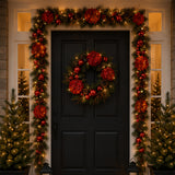 Pre-Lit Hydrangea Pine Christmas Garland with Warm White LED Lights, 9 Foot