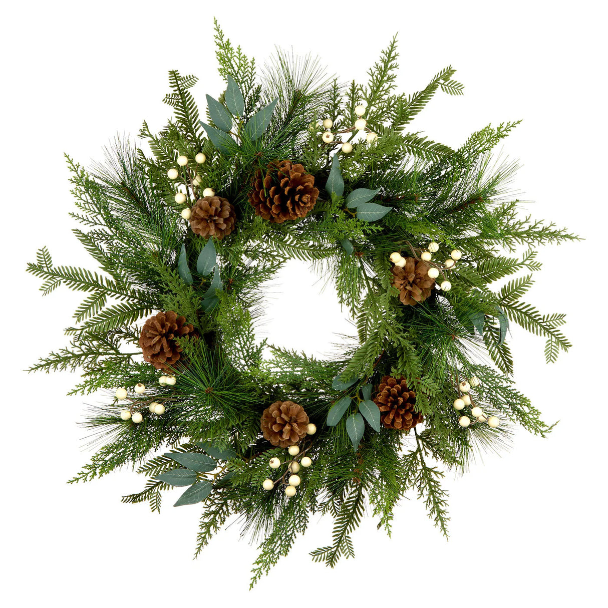 Inspired by Nature Christmas Wreath with White Berries & Pinecones, 24 Inch